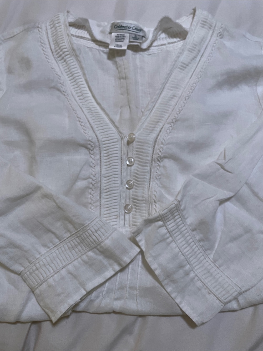 Coldwater Creek White V-Neck Pintuck Button-Front Blouse